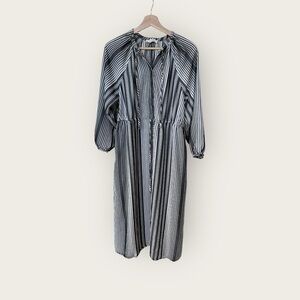 Everlane The Tencel Gathered Maxi Dress size S Black/Bone Striped Cinch Waist